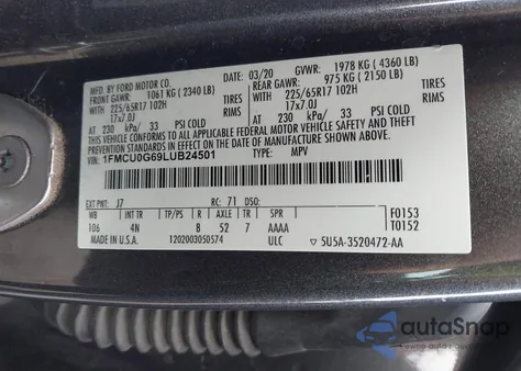 2020 Ford Escape Se z USA, uszkodzony, nr VIN 1FMCU0G69LUB24501